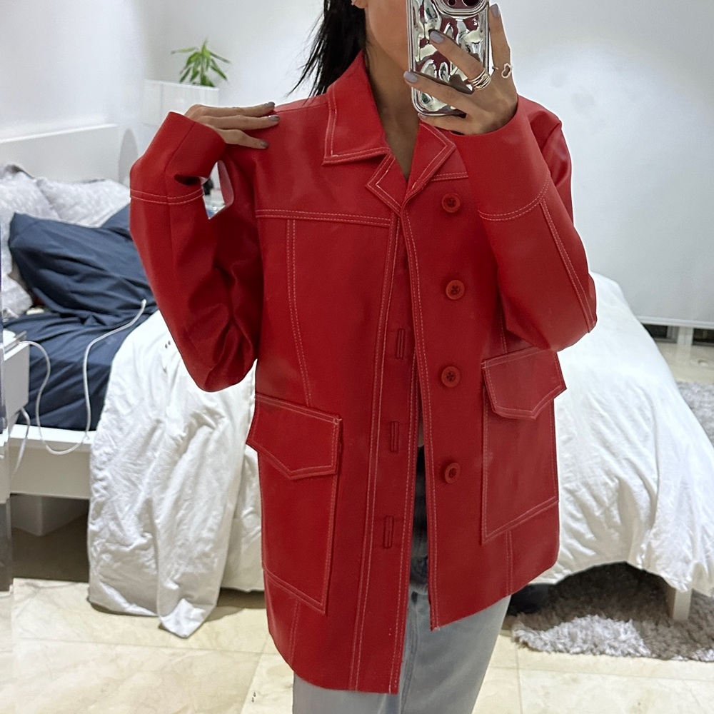 Red Boxy Pleather Coat